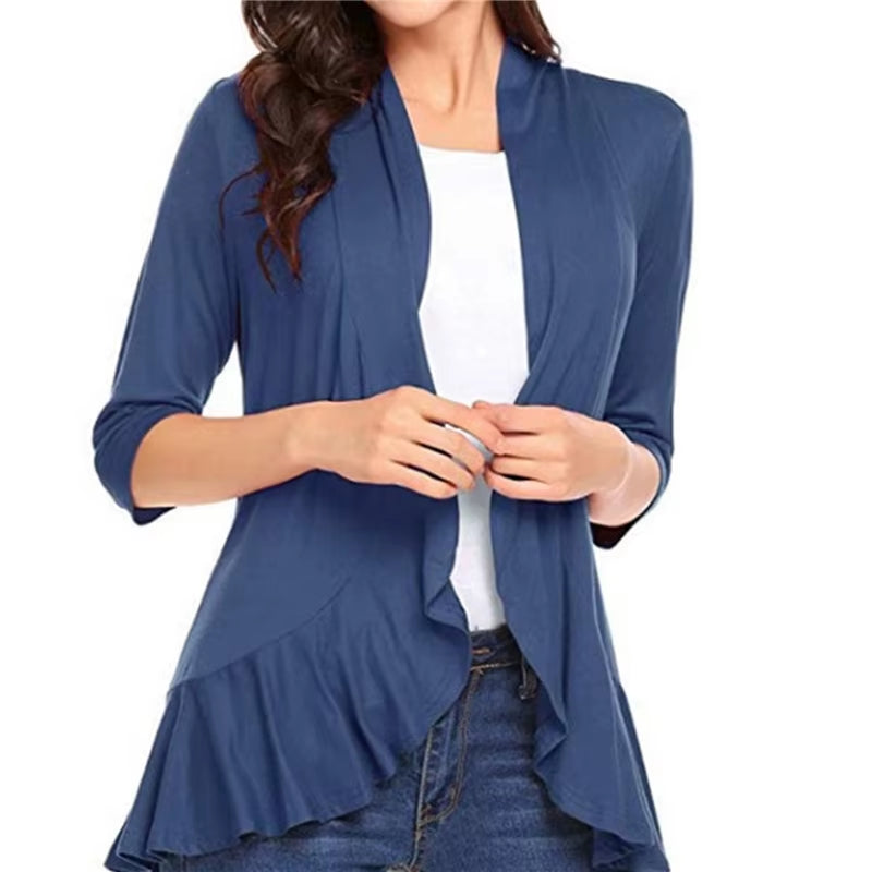 Summer Shirts Women Cardigan Tops Solid Color 3/4 Sleeve Open Front Ruffle Blouse Cover up Casual Clothes Streetwear