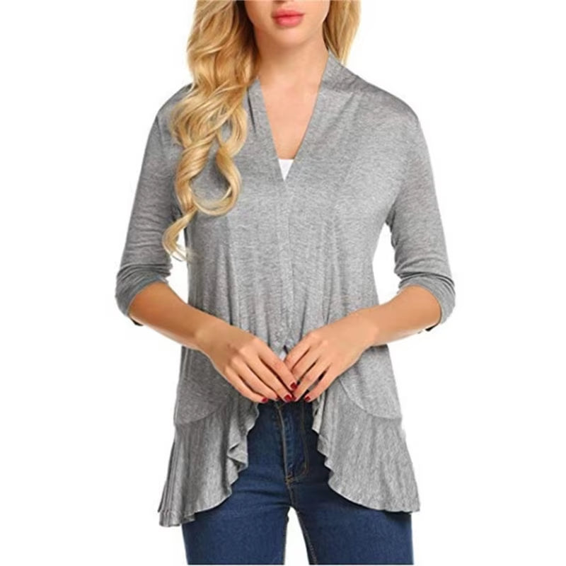 Summer Shirts Women Cardigan Tops Solid Color 3/4 Sleeve Open Front Ruffle Blouse Cover up Casual Clothes Streetwear
